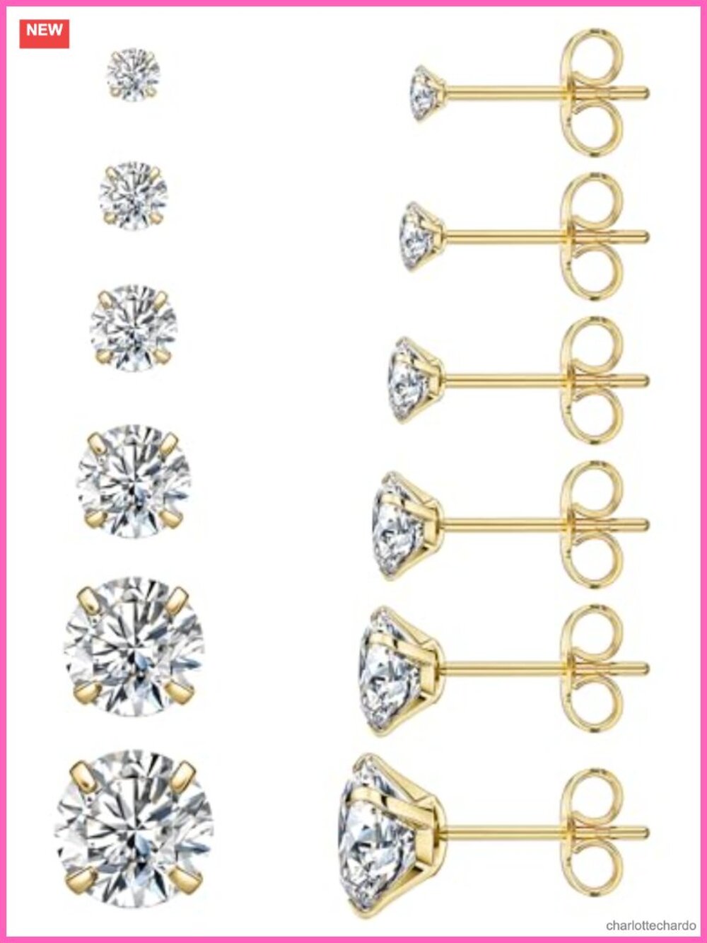 6 Pairs Stud Earrings Set Hypoallergenic Cubic Zirconia 316L Stainless Steel CZ